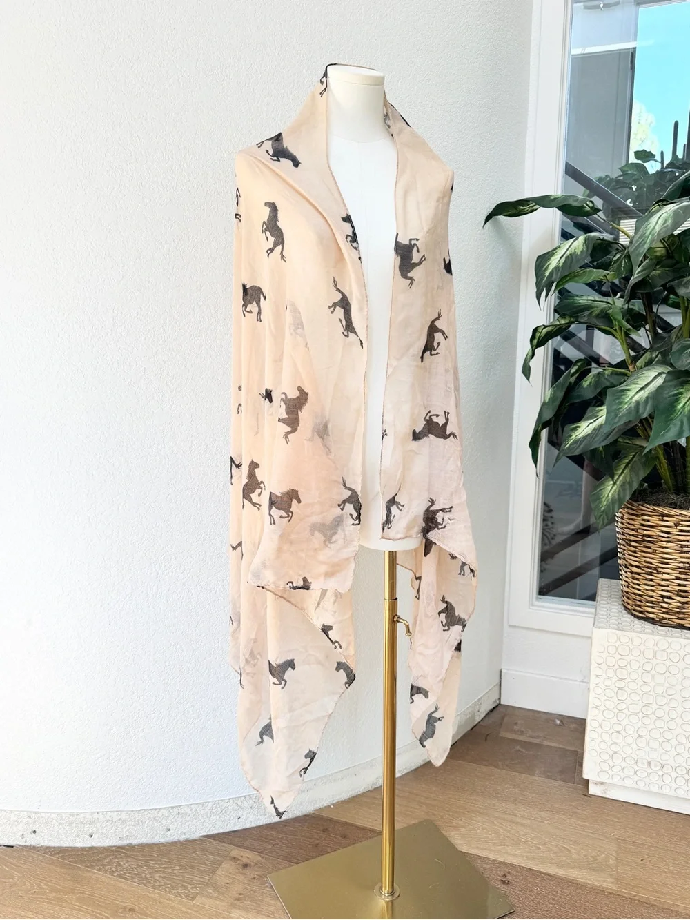Large 68” Light Beige Black Horse Print Scarf Sheer Linen *wounded/clearance